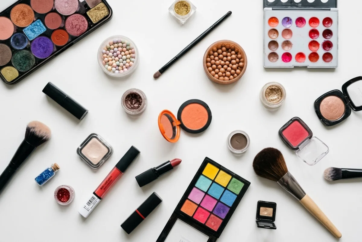Assorted makeup products including eyeshadow palettes, lipstick, blush and makeup brushes arranged on a white surface.
