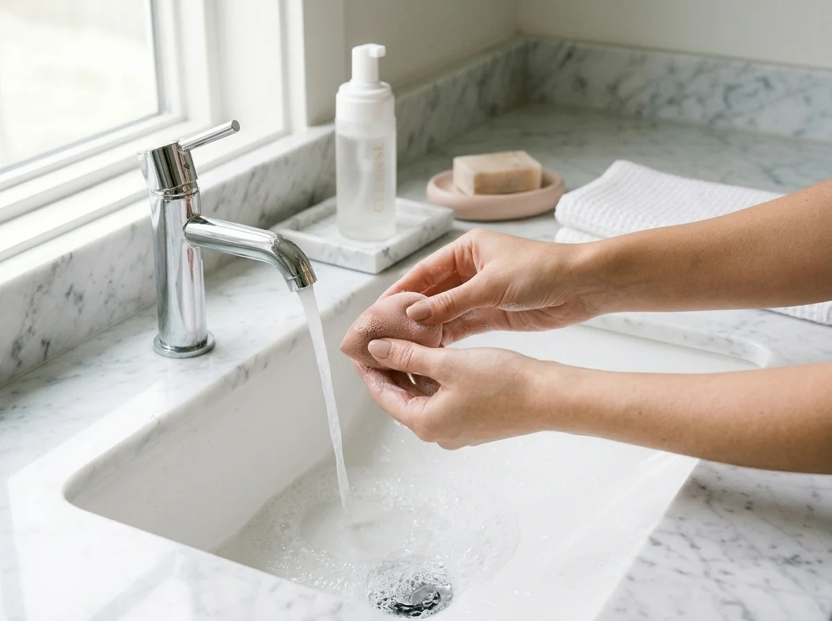 Young hands washing a makeup sponge at a clean marble bathroom sink
