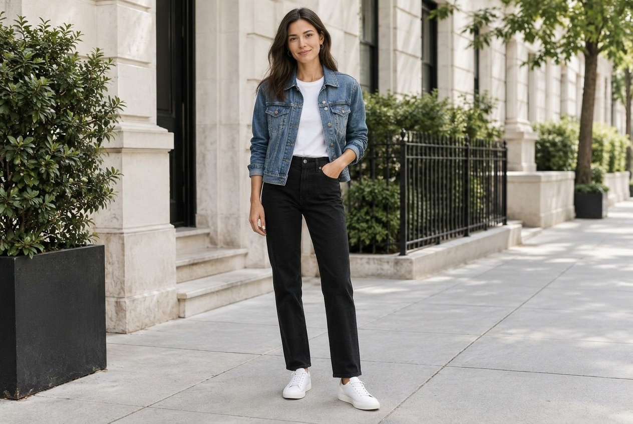 Woman wearing a blue denim jacket over a white T-shirt with black straight-leg jeans and white sneakers.