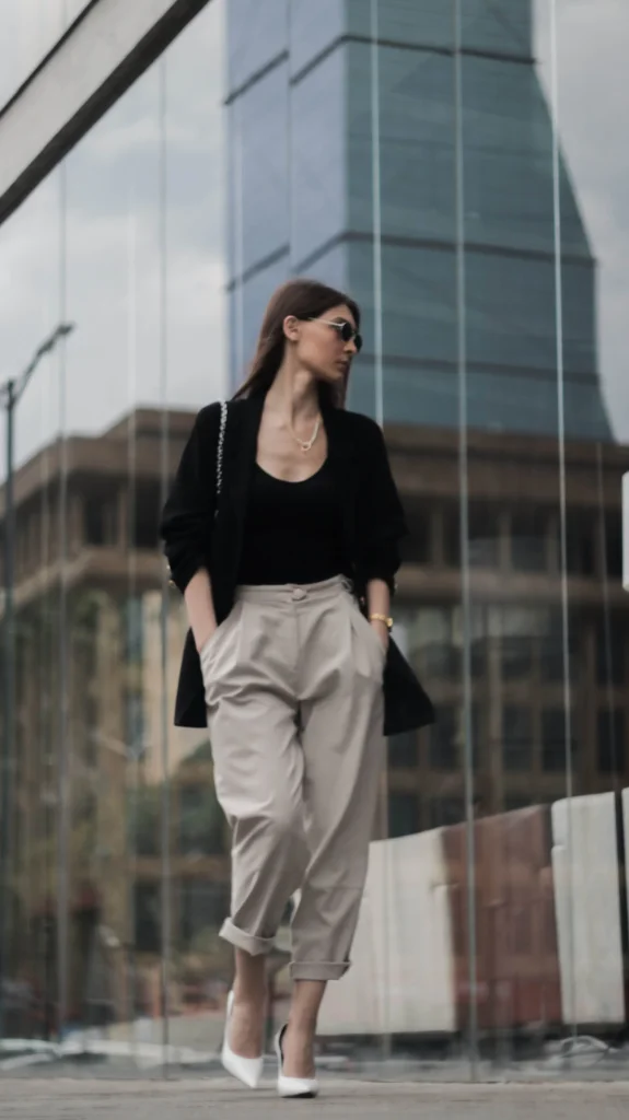 Woman wearing a black blazer, beige tailored trousers and white pointed-toe heels outside a modern building.