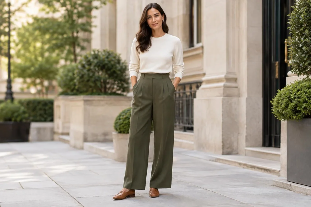 Woman wearing olive-green wide-leg trousers with a cream sweater and brown leather loafers.
