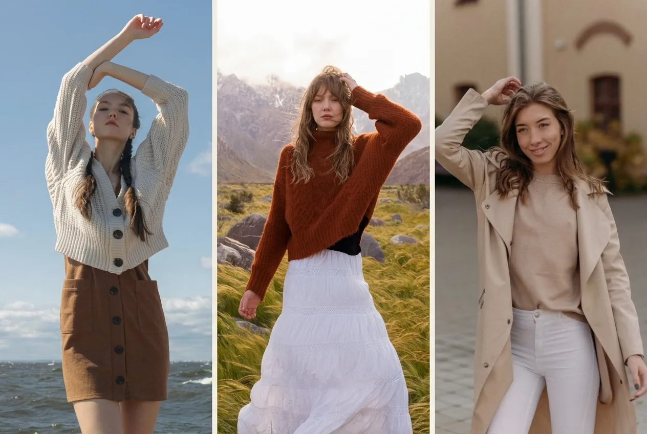 Three women's transitional-weather outfits featuring a cream cardigan and brown skirt, a rust sweater with a white skirt, and a beige trench coat with white pants.