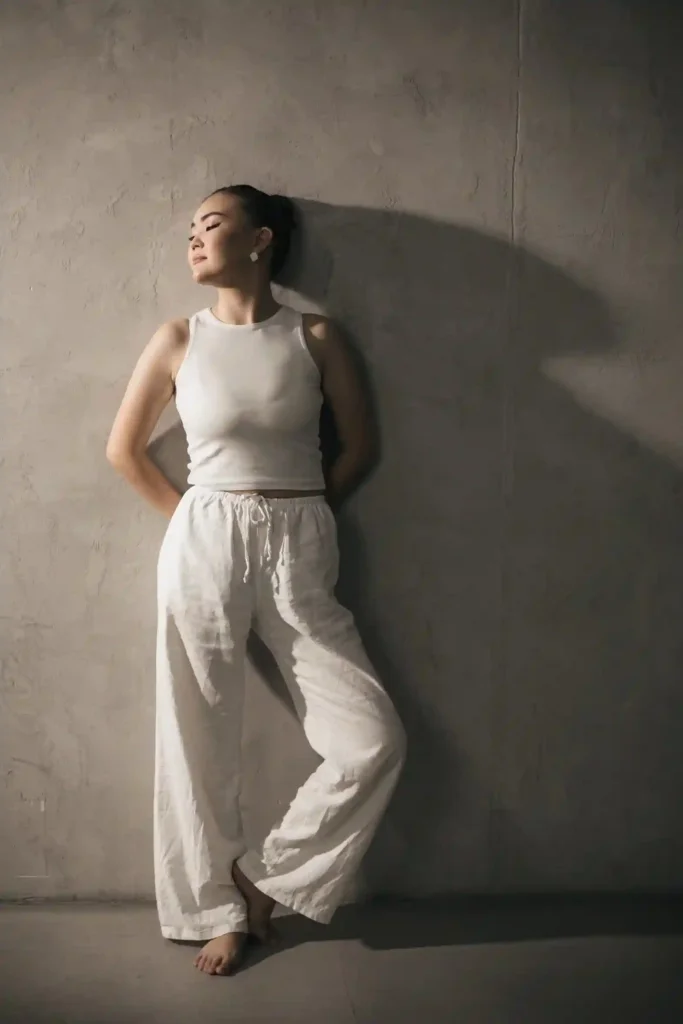 Woman wearing a fitted white tank top with loose white drawstring trousers
